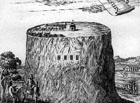 Pohled na hrad Sloup od Mauritiuse Vogta z roku 1712 – jedná se o vůbec první známé zpodobnění skalního suku. Vyobrazení Sloupu je sice nereálné, ale poukazuje, že tou dobou skále dominovala jen jedna budova – lucerna.

