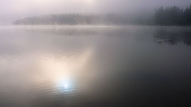 Svítání v Rakovské zátoce, přehrada Lipno, Šumava