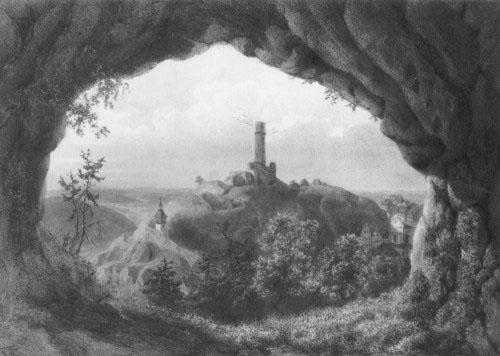 Pohled na Štramberk od jeskyně Šipka v roce 1850