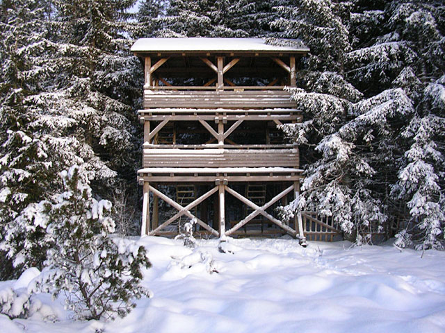 Vyhlídková věž na Jezerní slati v zimě, Šumava