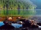 Temné vody Černého jezera se za slunečného počasí zbarvují do smaragdova.

