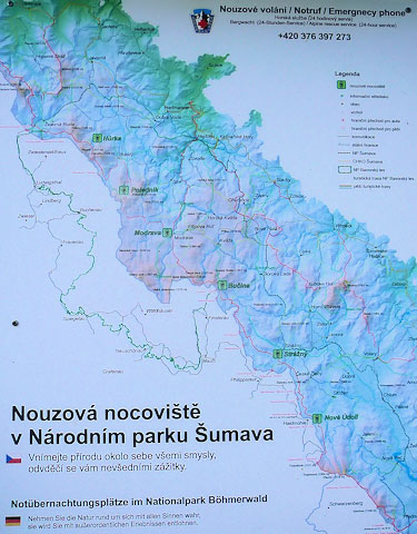 Mapa nouzových nocovišť v národním parku Šumava